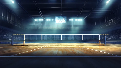 Digital arena perspective of illuminated indoor volleyball court.