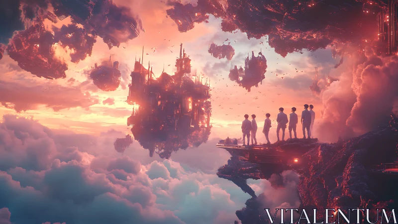 Skybound explorers gather beneath glowing floating cities