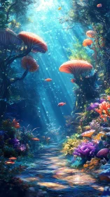 Luminescent coral forest bathes in sunlit ocean currents.