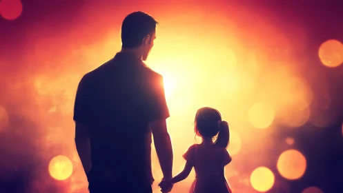 Silhouetted adult and child against bright abstract sunset.