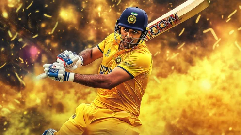 Cricket hero in golden swing amid blazing stadium lights.