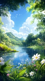 Luminous river valley with atmospheric depth and floral foreground.