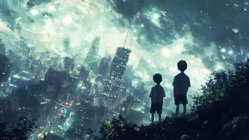 Digital dusk skyline with silhouetted children overlook scene.