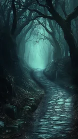 Cobblestone path winding into a misty haunted forest night.