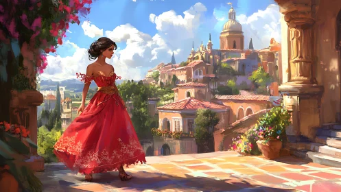 Sunlit terrace promenade with woman in red gown overlooking town