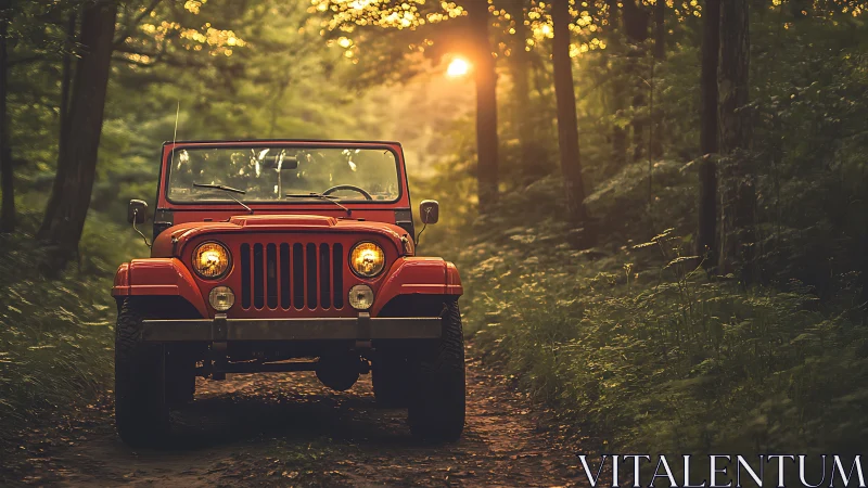Red off road jeep on forest track at warm sunset light.