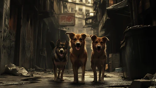 Stray dogs stand united in a moody urban backstreet
