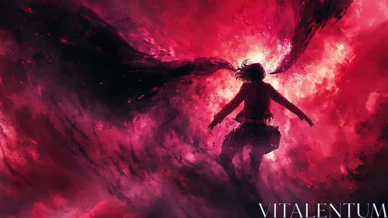 Warrior silhouette confronts swirling crimson void storm.