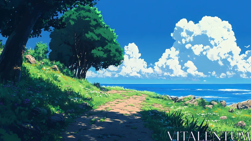 Coastal dirt path rendered with stylized lighting and dense cloud forms