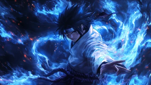 Intense ninja warrior surrounded by swirling blue fire.
