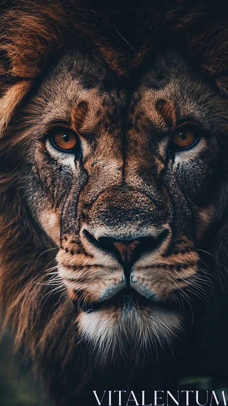 Symmetrical close-range portrait of a lion&rsquo;s facial morphology.