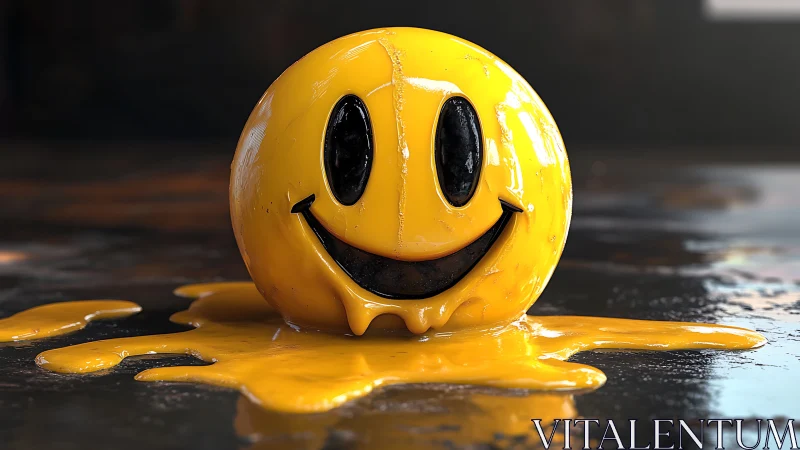 Smiley sphere rendered melting on reflective dark surface