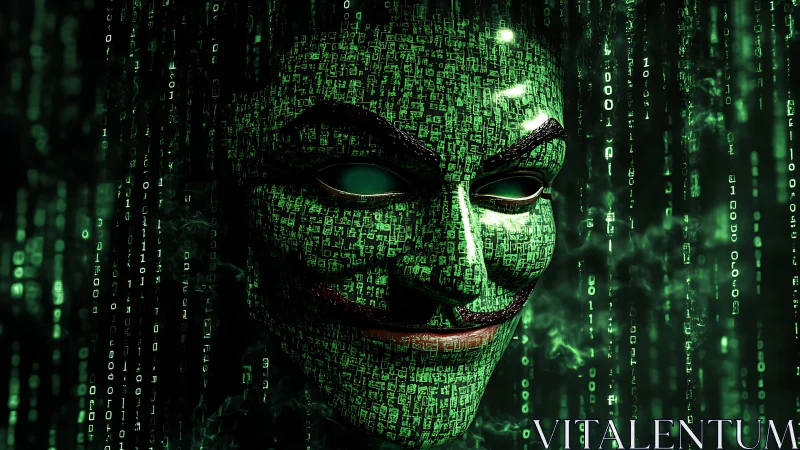 Cyberpunk hacker mask in cascading matrix code environment.