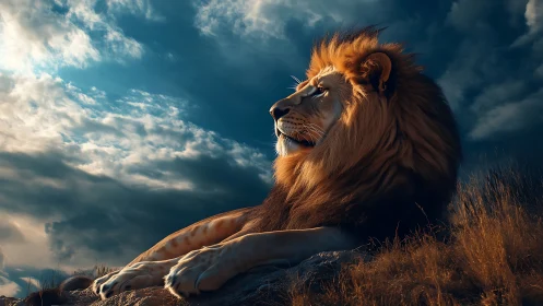 Photoreal lion profile at dusk on rocky savanna ridge