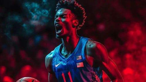 Basketball player in blue jersey shouting under red lights.