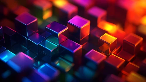 Chromatic glass cubes form a glowing abstract terrain of light.