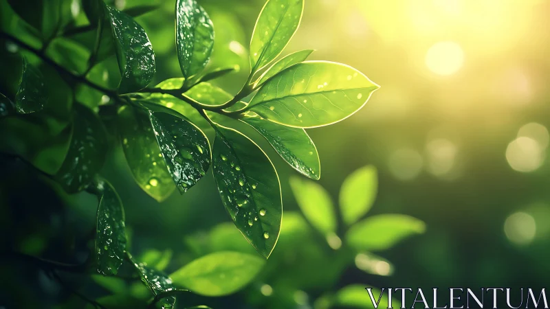 Macro botanical leaf cluster with dewdrops in backlit bokeh field.