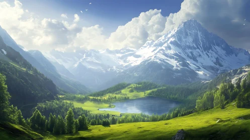 Emerald valley cradles a mirror lake beneath towering snow crowns