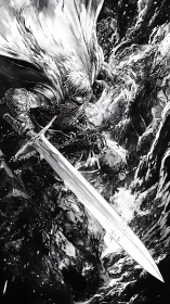 Storm-forged swordsman cleaves through roaring ink-black void.