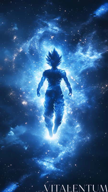 Backlit energy silhouette levitates inside luminous galactic nebula