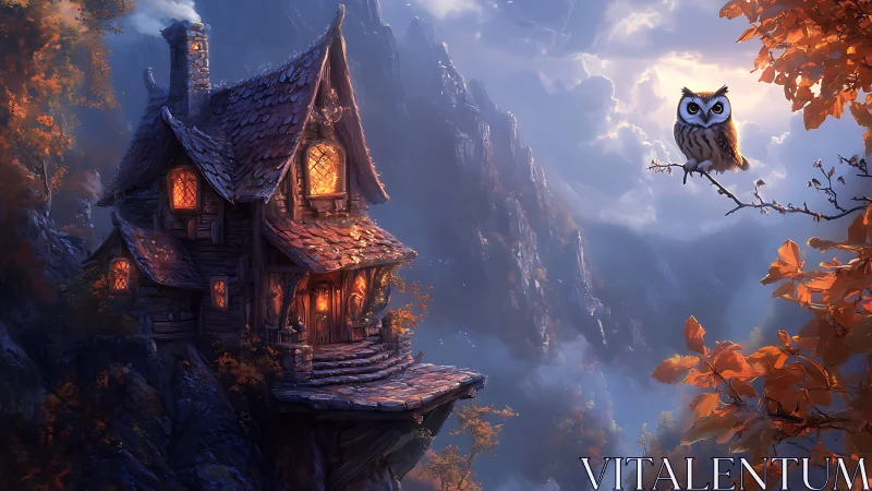 Cozy cliffside cottage and watchful owl in glowing twilight.