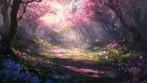Enchanted Forest Path Glows with Cherry Blossoms