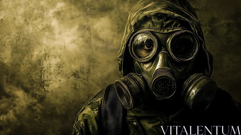 Lone gas mask sentinel peers through toxic sepia haze.