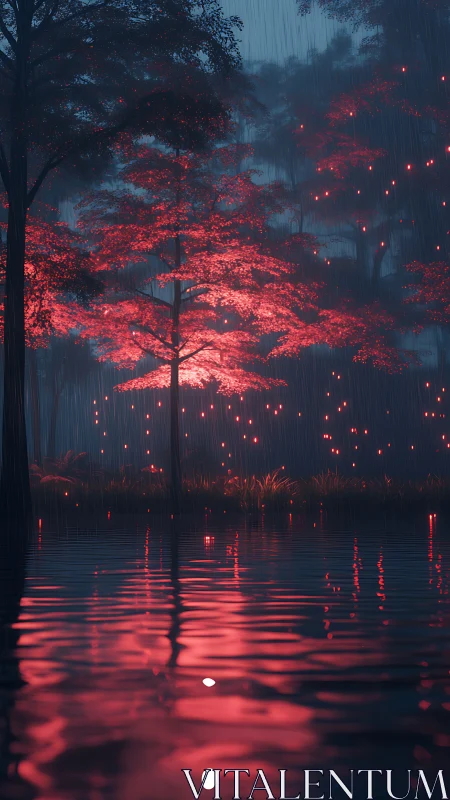 Red illuminated forest trees reflected on calm water surface.