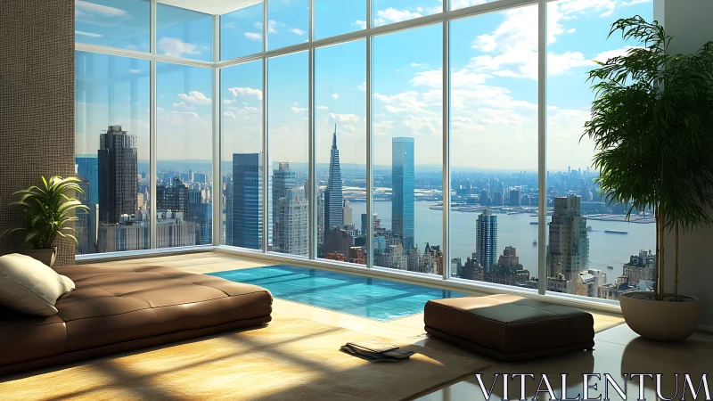 Penthouse lounge with pool and expansive city skyline view.