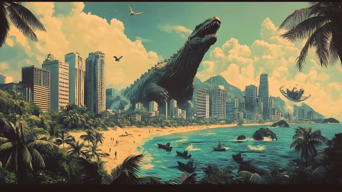 Seaside metropolis meets gentle giant in sunlit sci‑fi calm.