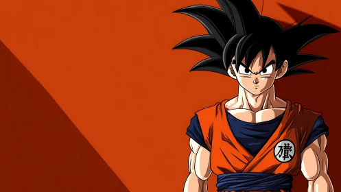 Anime warrior stands poised against bold orange backdrop.