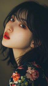 Velvet-gazed portrait in floral midnight and whispered light.