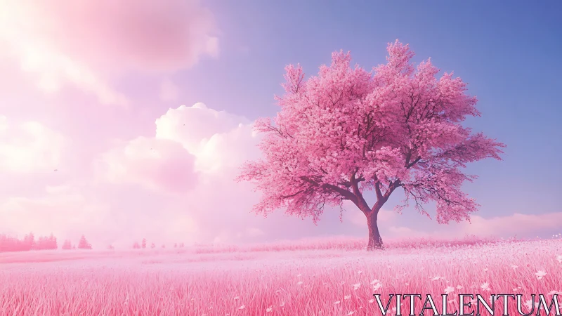 Dreamy pink blossom tree in a peaceful pastel meadow.