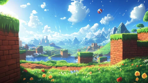 Lush voxel valley with brick platforms under radiant sky.