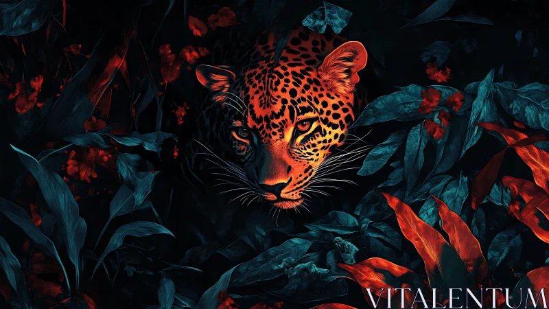 Bioluminescent leopard portrait in neon foliage contrast lighting