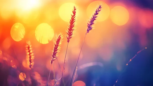 Sunlit wheat stalks against colorful blurred bokeh field.