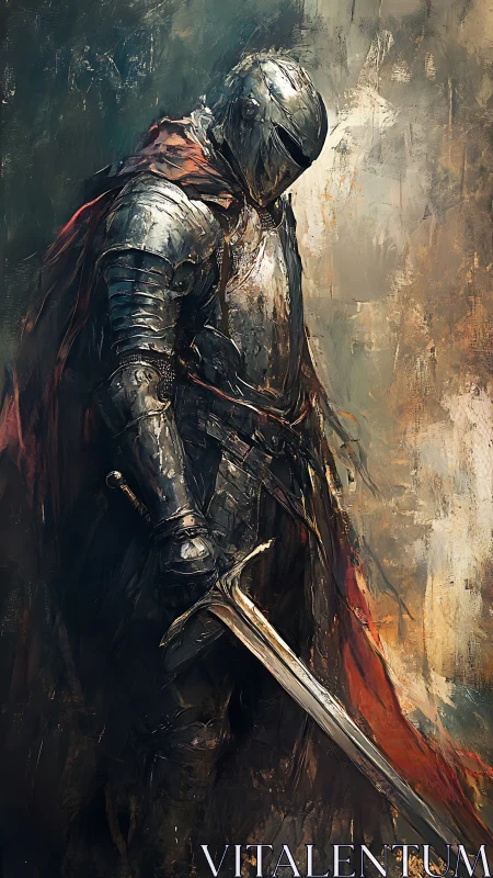 Armored knight with sword and red cloak in dark scene.