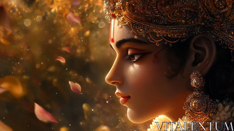 Profile portrait of jeweled woman in warm golden light.