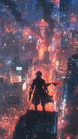 Cyberpunk vigilante overlooking burning neon cityscape.