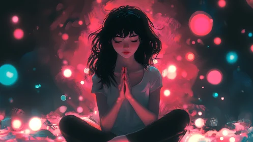 Meditating girl amid neon bokeh clouds in tranquil focus.