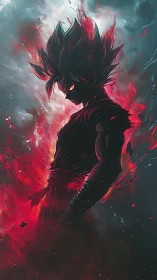 Infernal warrior ignites in crimson aura amid storming void.