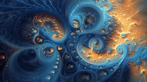 Fractal spiral structures form interlocking blue and gold fields