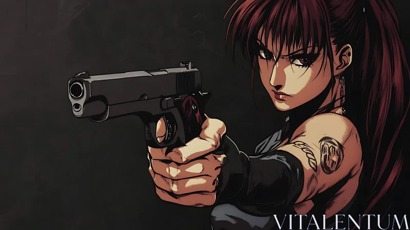 Armed anime heroine in dynamic close-up with pistol raised.