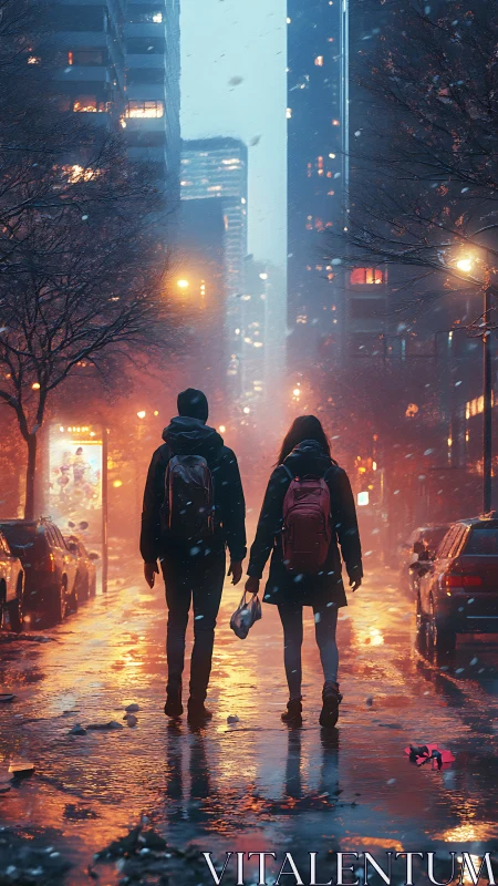 Urban Night Traverse: Solitary Figures Against Neon Cityscape.