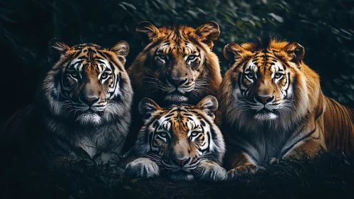 Four Tigers in Dramatic Chiaroscuro Forest Setting with Golden Rim Lighting