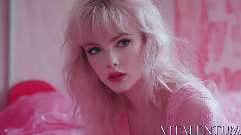 Pastel portrait of pink-haired woman in soft-focus bedroom.
