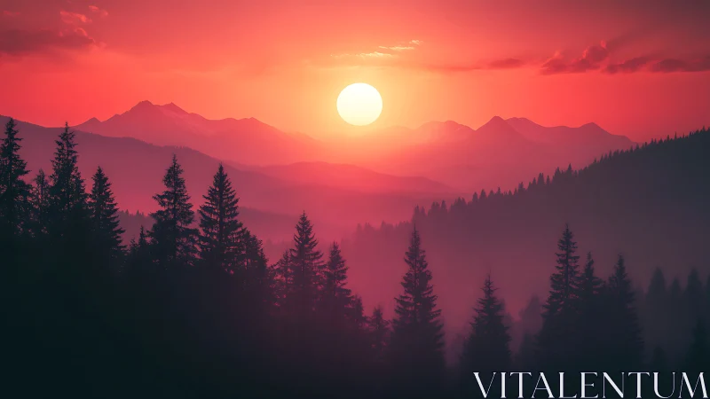 Sun sets over layered mountain ridges and dense conifer forest