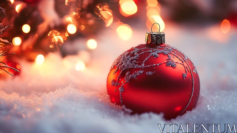 Red Christmas bauble rests in snow with warm festive lights.