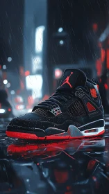 Black and red basketball sneaker on wet city street at night.