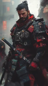 Battle worn samurai stands ready in misty city streets